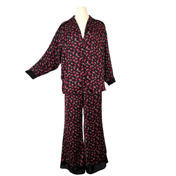 Free People Dreamy Days Satin Pajama Matching Set Black/Red Roses Print XS - Picture 1 of 16